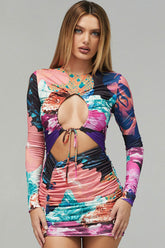 Robe courte moulante à manches longues et imprimé vintage, froncée et découpée - Multicolore
